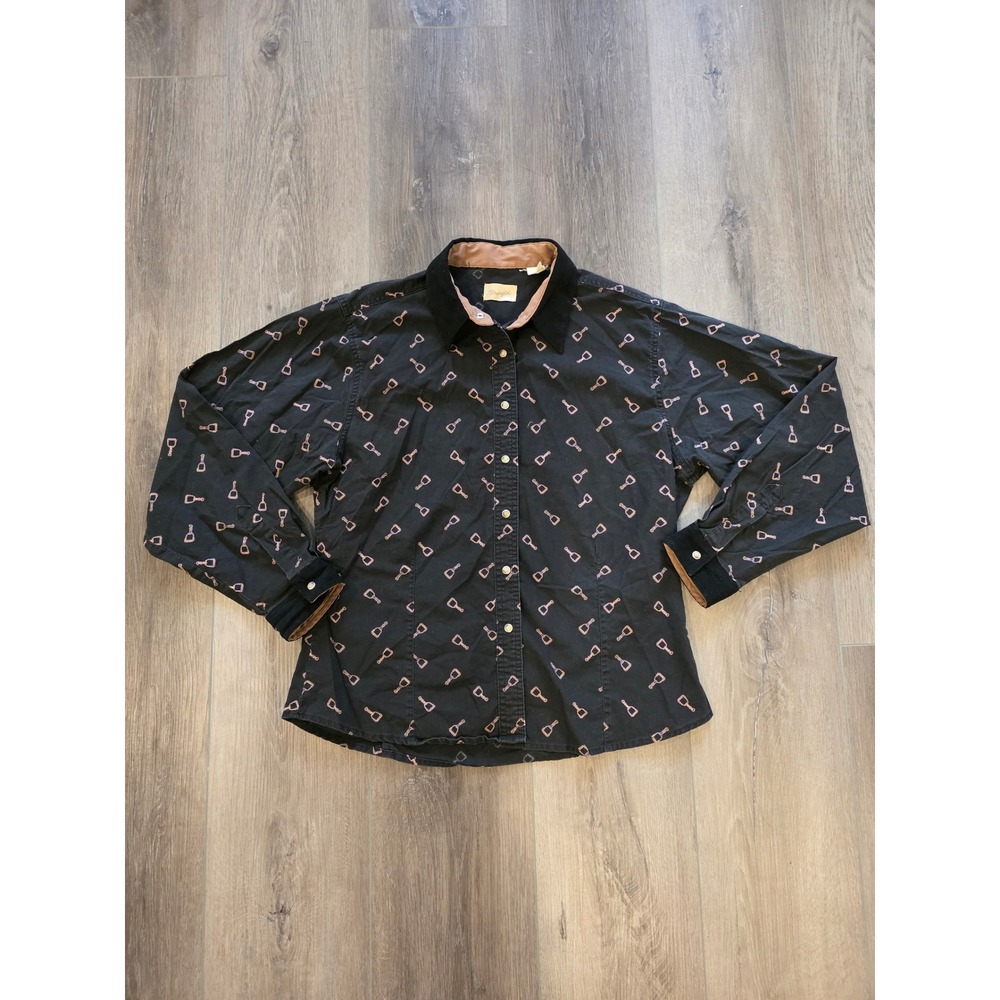 Vintage Wrangler Womens Sz Large Black Western Stirrup Pearl Snap Button Shirt